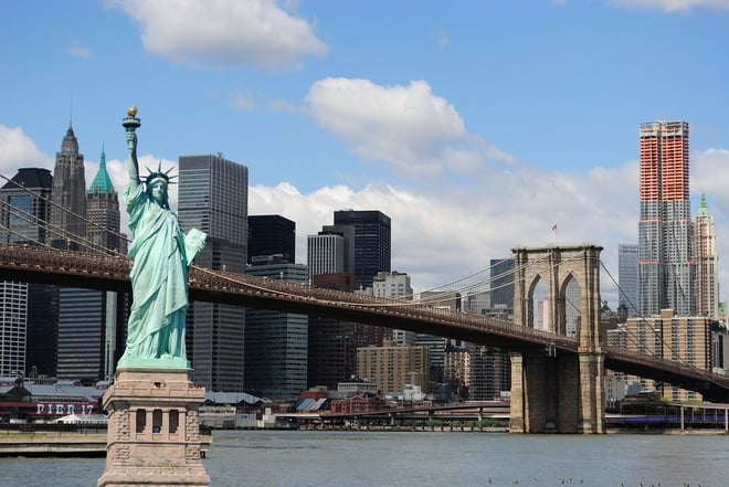 The landmark Statue of Liberty against the impressive New York City skyline..jpeg